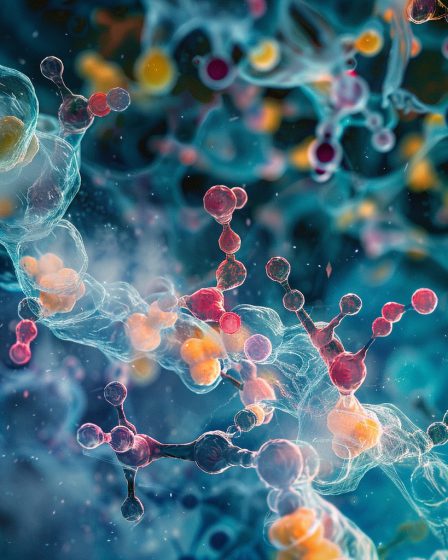 Detailaufnahme der molekularen Struktur des Pentapeptids NL-EPITHALON, das eine Schlüsselrolle bei der Regulierung der Kortisolproduktion spielt.