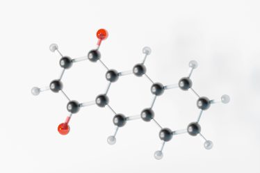 3D-Modell eines Moleküls mit schwarzen und weißen Atomen sowie roten Sauerstoffatomen, das eine chemische Struktur darstellt