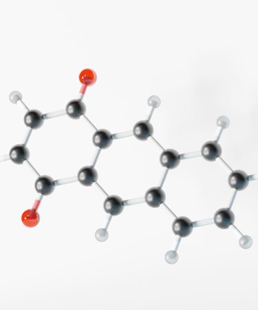 3D-Modell eines Moleküls mit schwarzen und weißen Atomen sowie roten Sauerstoffatomen, das eine chemische Struktur darstellt