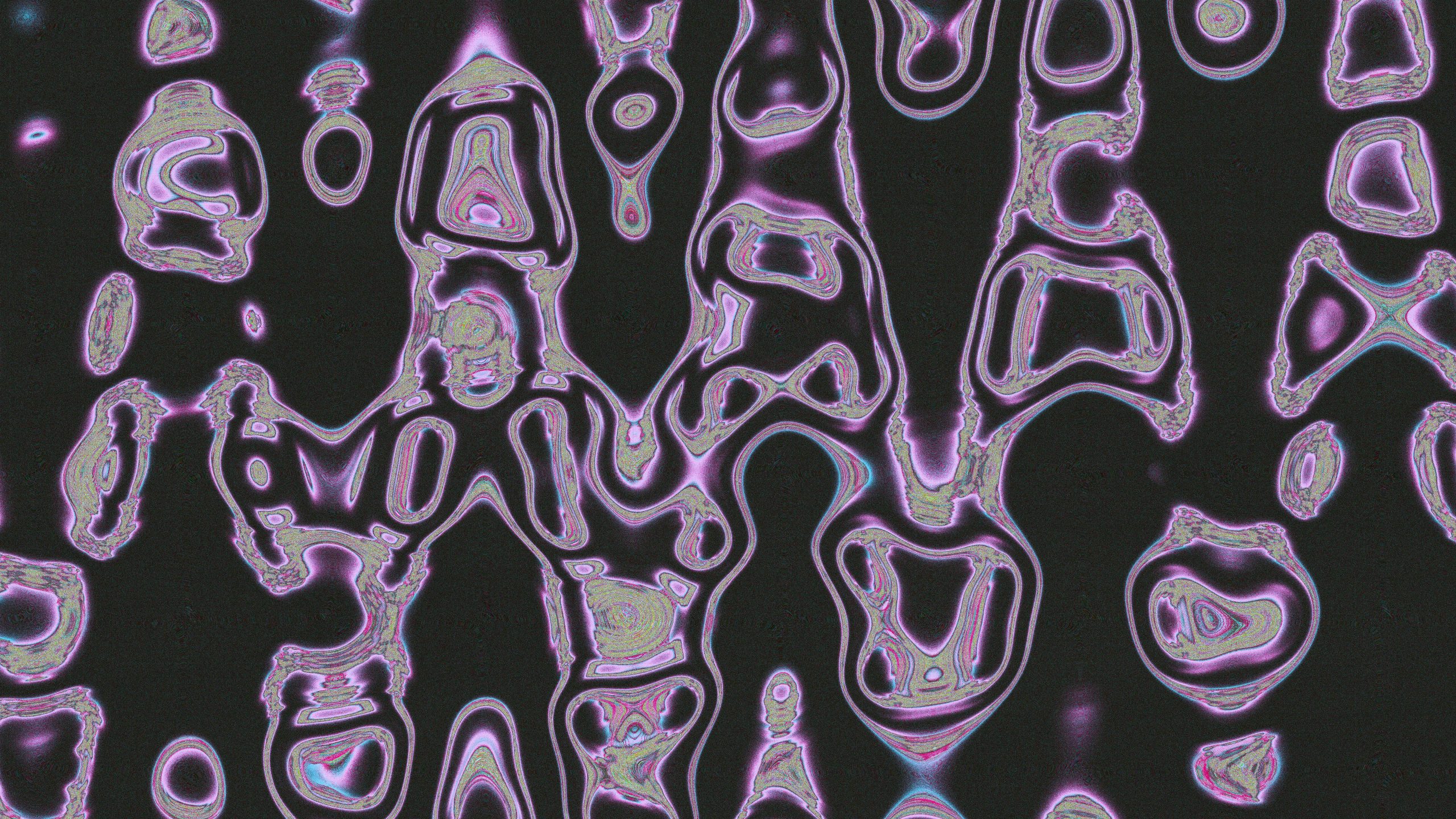 Abstraktes Muster mit leuchtenden, wellenförmigen Strukturen in Rosa- und Violetttönen auf dunklem Hintergrund.