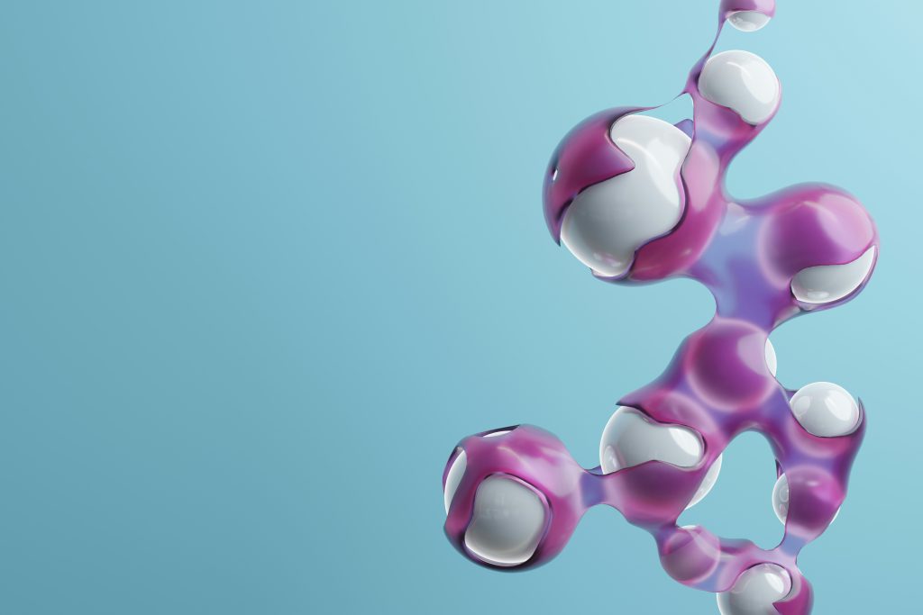 Abstrakte organische 3D-Form in Rosa, Lila und Weiß vor hellblauem Hintergrund