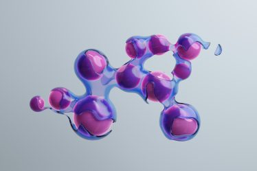 Glänzende abstrakte 3D-Struktur in Lila und Rosa auf hellem grauem Hintergrund.