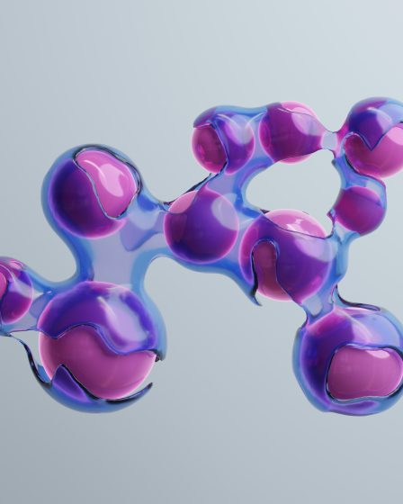 Glänzende abstrakte 3D-Struktur in Lila und Rosa auf hellem grauem Hintergrund.