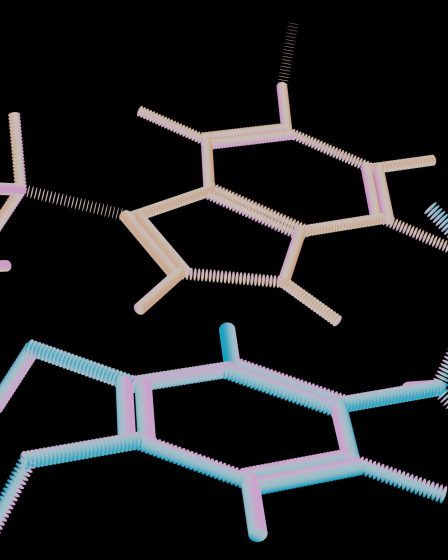 Leuchtende, stilisierte Darstellung einer chemischen Struktur mit rosa und blauen Linien auf schwarzem Hintergrund