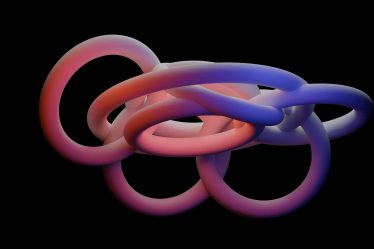 Mehrere miteinander verschlungene, weiche 3D-Schleifen in Rot- und Blautönen vor schwarzem Hintergrund.