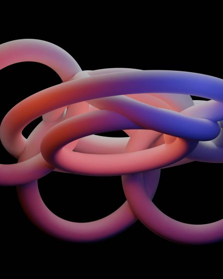 Mehrere miteinander verschlungene, weiche 3D-Schleifen in Rot- und Blautönen vor schwarzem Hintergrund.
