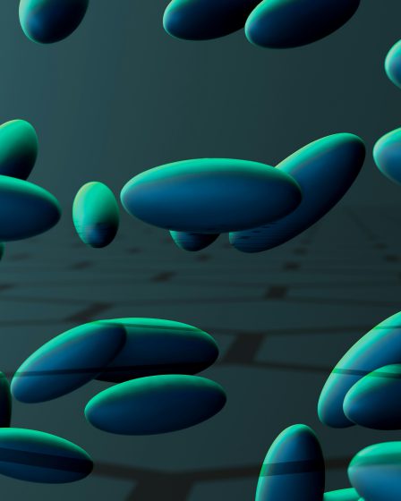 3D-Visualisierung von schwebenden, ovalen Formen in blau-grünen Farbtönen, die eine abstrakte Darstellung von Molekülen oder Partikeln im Raum darstellen.