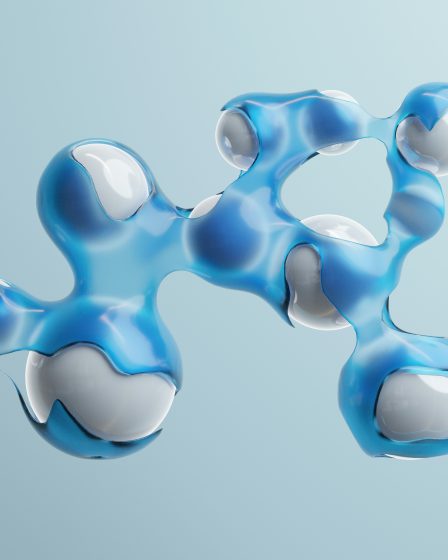 Abstrakte 3D-Darstellung einer blauen Molekülstruktur – Symbol für Peptid-Reinheit bei Histamin-Intoleranz.