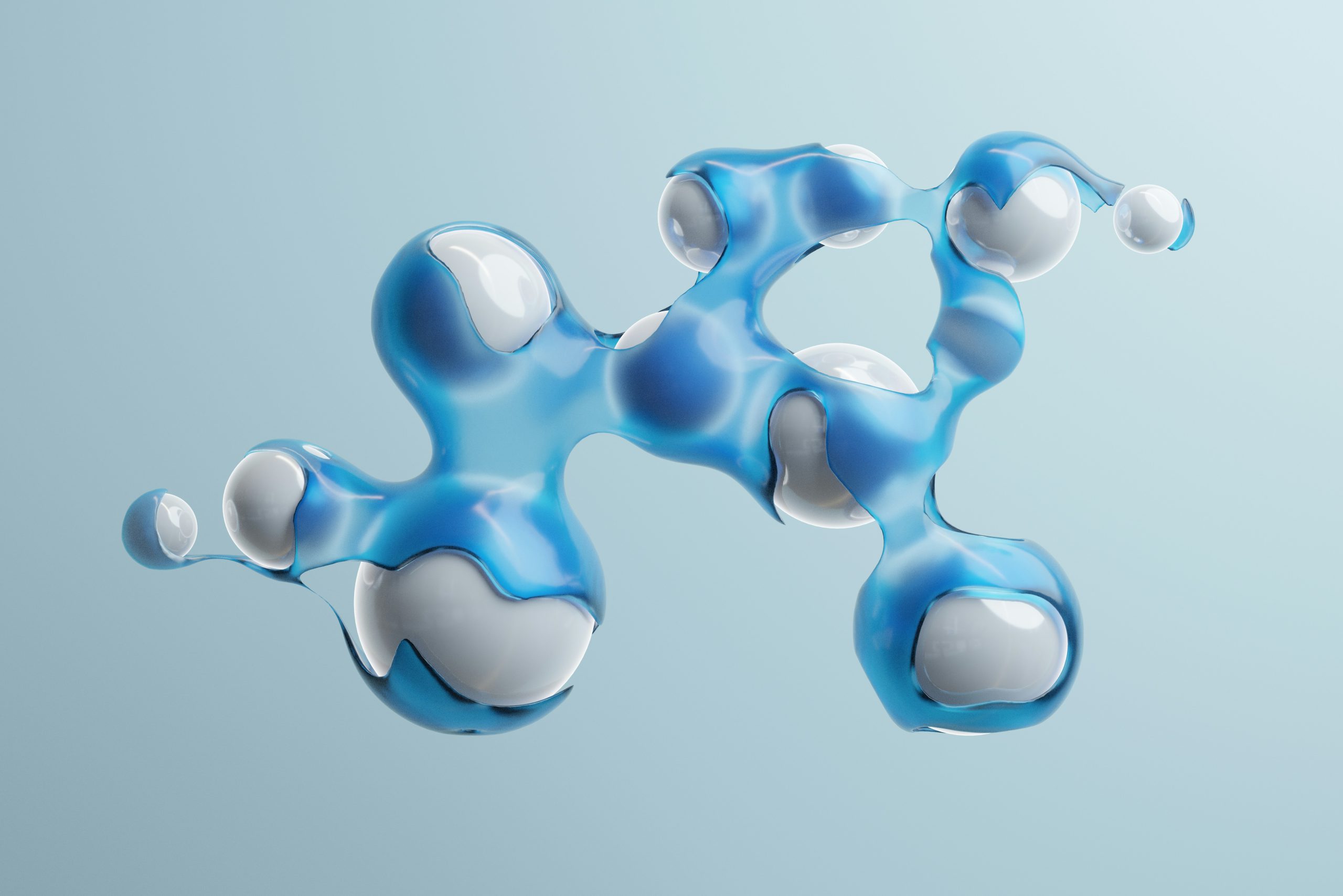 Abstrakte 3D-Darstellung einer blauen Molekülstruktur – Symbol für Peptid-Reinheit bei Histamin-Intoleranz.