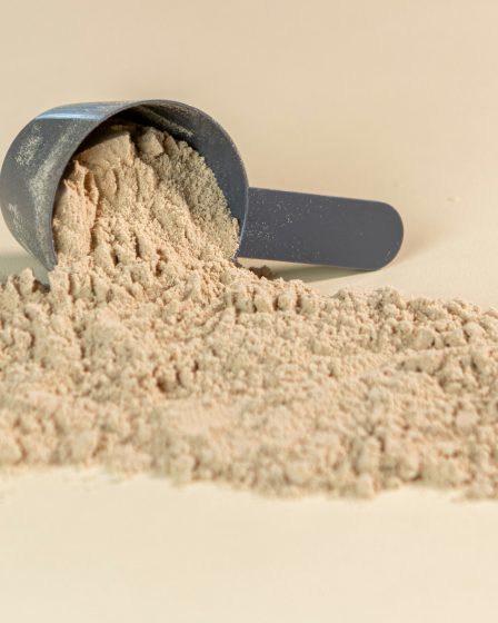 Ein grauer Messlöffel mit feinem, hellbeige Aminosäuren-Pulver auf neutralem Hintergrund – biologischer Schutz vor Wassereinlagerungen.