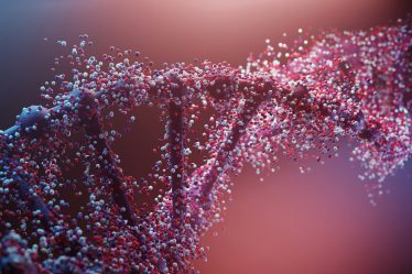 Eine abstrakte 3D-Doppelhelix, die sich unter oxidativem Stress in Moleküle auflöst – DNA-Reparatur durch Peptide.