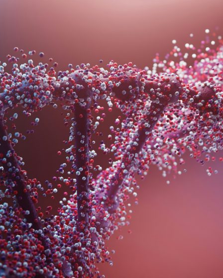 Eine abstrakte 3D-Doppelhelix, die sich unter oxidativem Stress in Moleküle auflöst – DNA-Reparatur durch Peptide.